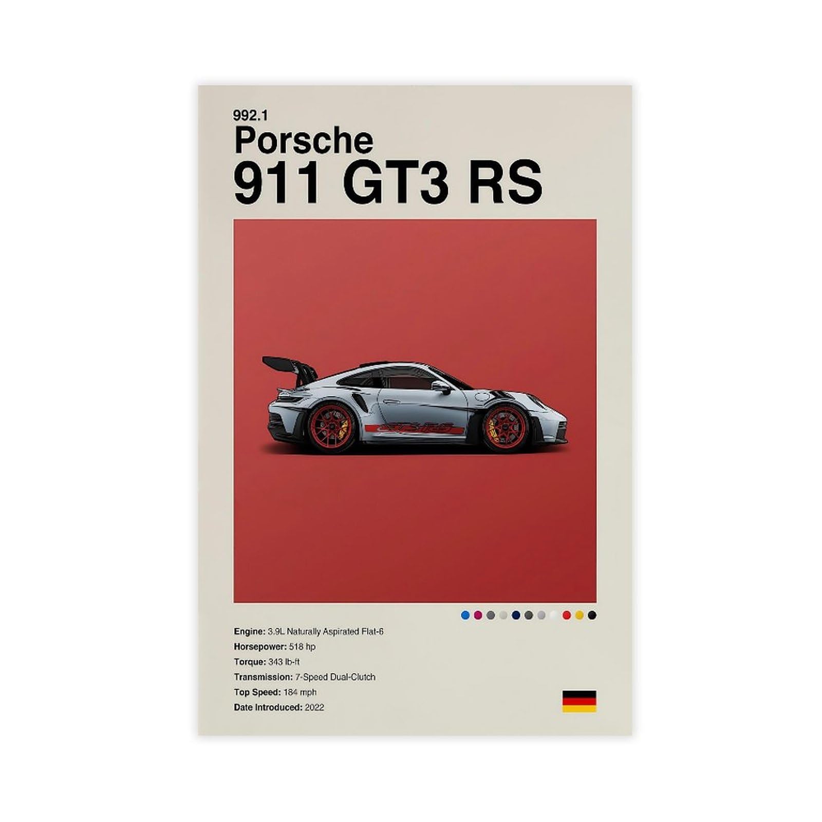 911 Gt3 Rs 992.1 Mid Century Modern Sports Car Poster - Retro Minimalist Wall Art,Bedroom Canvas Posters, Hall Wall Art, Bathroom Canvas Posters