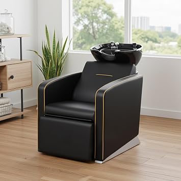 OmySalon Backwash Barber Chair with Ceramic Shampoo Bowl, Reclining Footrest, All Plumbing Kits Included, Hair Washing Station for Barbershop Beauty Spa