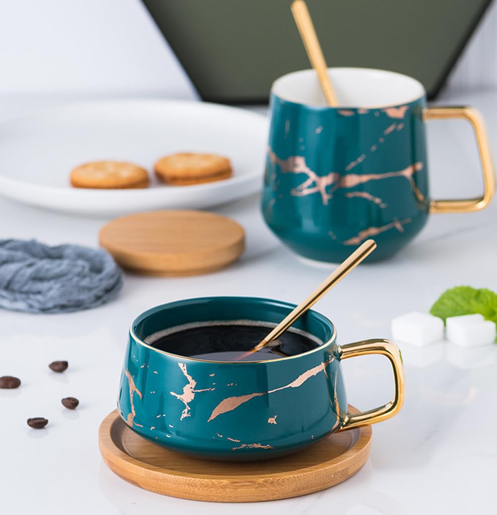 Set di Tazze da tè e caffè in Porcellana per Il pomeriggio - Motivo in Marmo (Verde, Corto 300 ml + piattino)