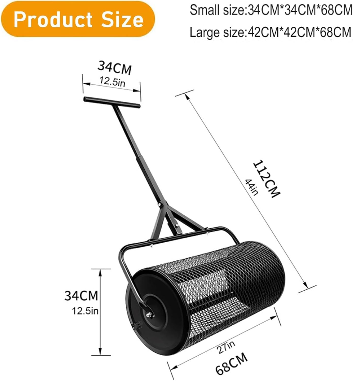 Compost Spreader, Peat Moss Spreader, Manure Spreaders for Lawns and Garden, Peat Moss Roller Spreaders,Metal Mesh Basket Seed Spreader,for Lawns Fertilizer,Black-42 * 42 * 68cm