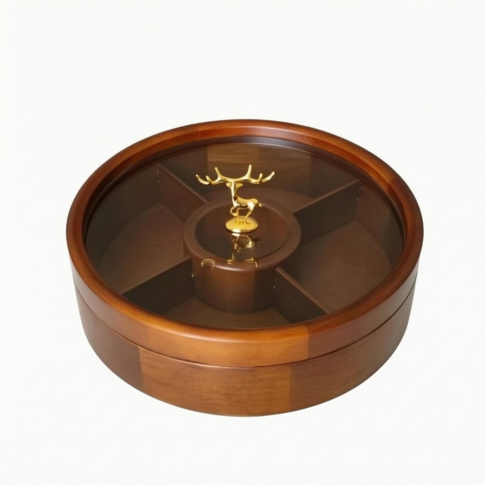 Scatola Rotonda in Legno con Coperchio Trasparente Maniglia Dorata Vassoio Diviso Contenitore Dolcetti Multi Scomparto, Moderno Minimalista, Design A Cinque Scomparti