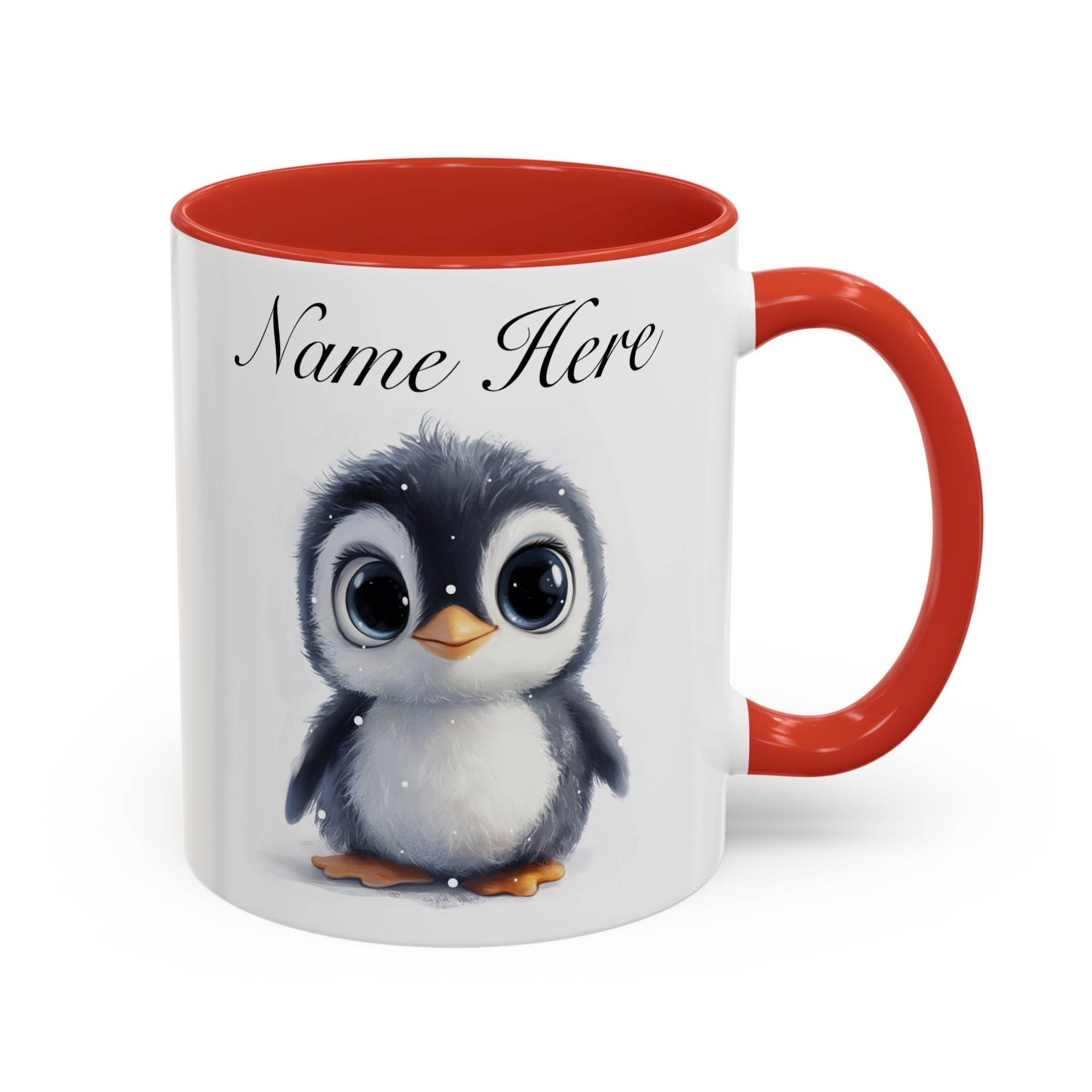 Personalised Penguin Mug, Custom Name Gift for Girlfriend, Cute Penguin Design Coffee Cup for Her, Unique Animal Lover Gift Idea for Women, Birthday or Christmas (Red 11oz, Mug)