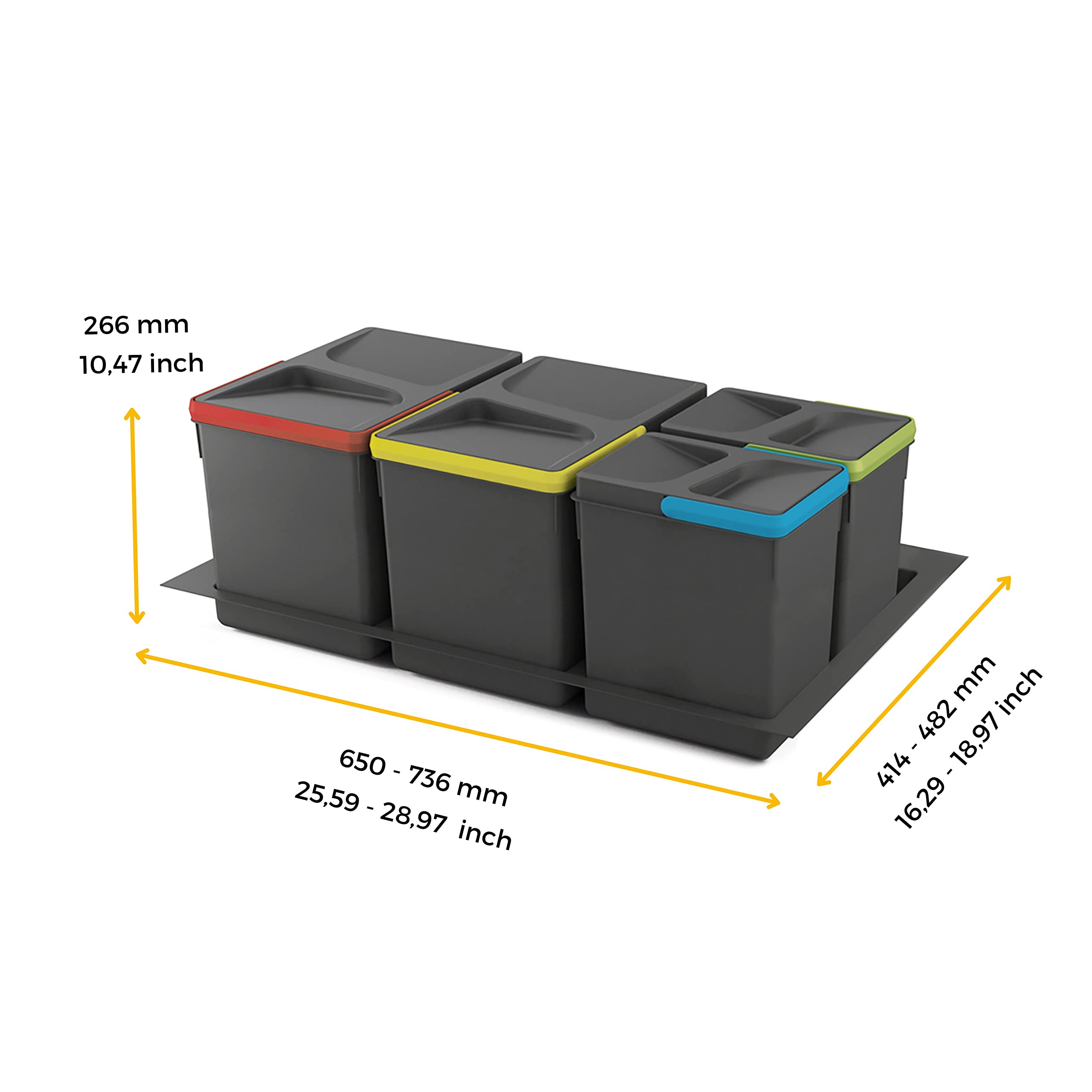 EMUCA - Contenedores de reciclaje, 15 L + 15 L + 7L + 7 L, módulo 800 mm, Plástico, Gris antracita, 4 ud. + Base