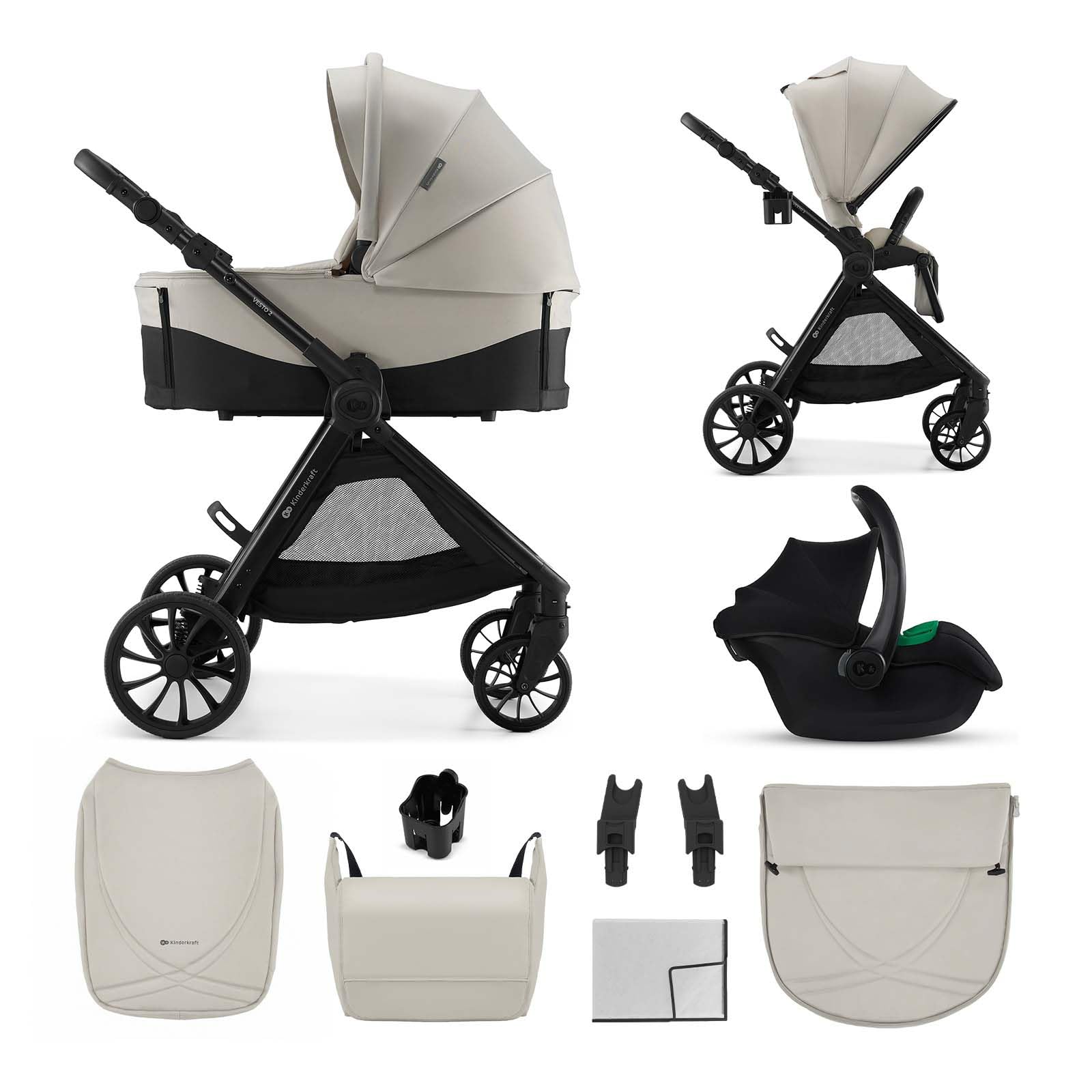 Kinderkraft VESTO 2 3-in-1 Stroller Travel System, Pushchair with Carrycot and Mink PRO 2 Car Seat, Reversible Seat, Memory Buttons, Self-Standing Fold, EVA Wheels, Rain Cover, Bag, Beige
