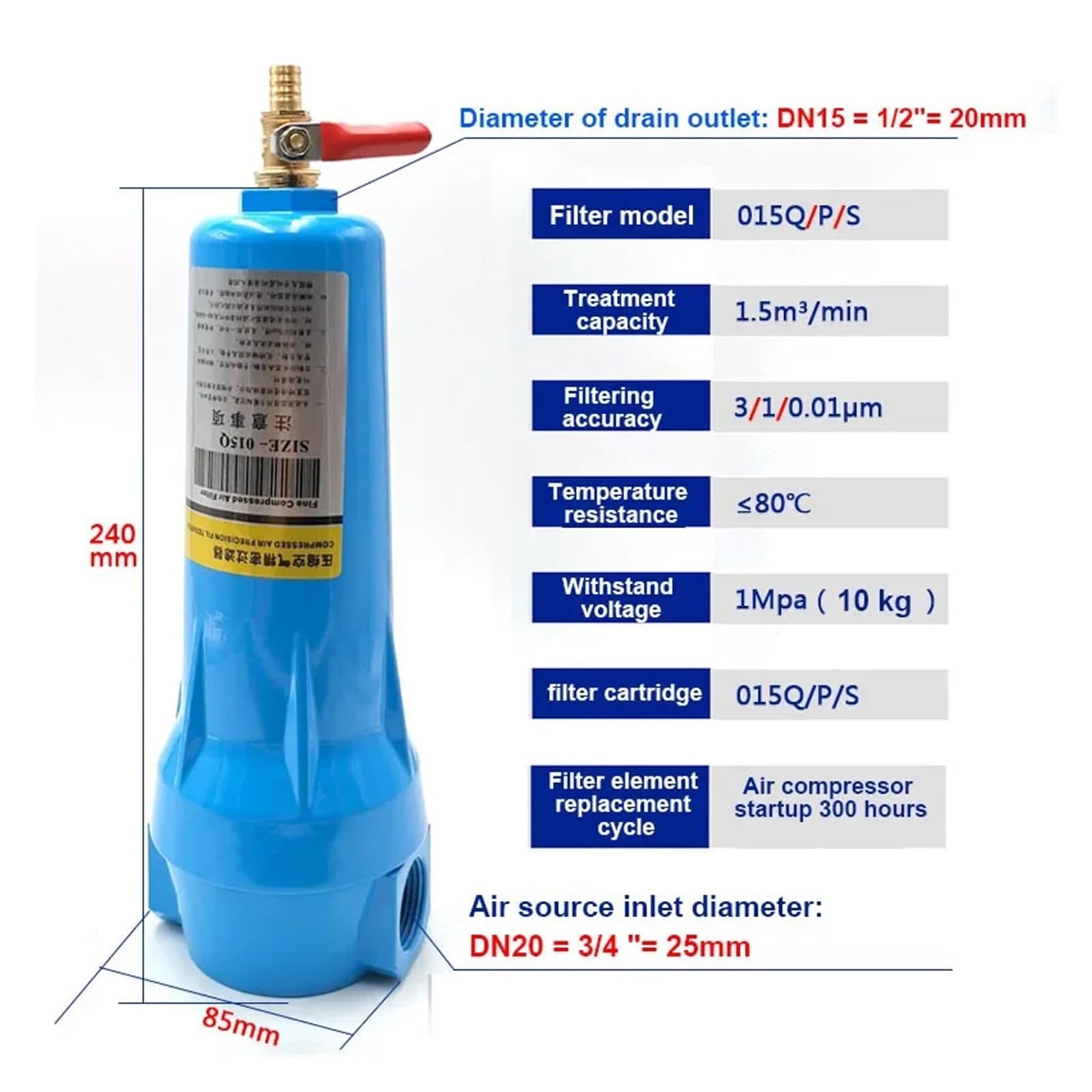 Filtro de precisión de aire comprimido QPS 024 Separador de agua y aceite compresor de aire 015 secador de agua seca(035P)