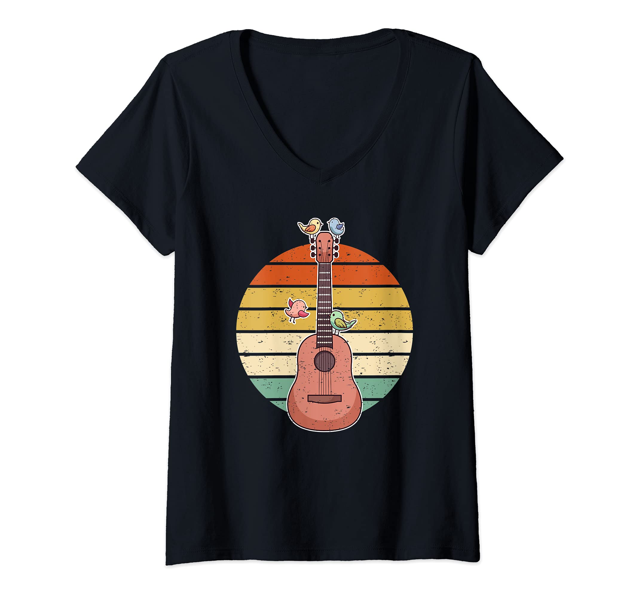 Womens Singing Birds Guitar Player Guitarist V-Neck T-Shirt, Black