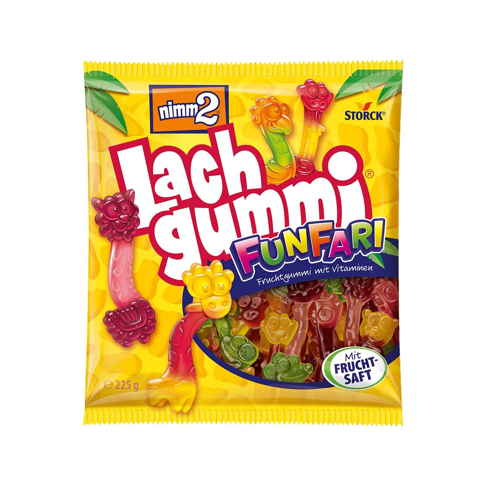 nimm2 Lachgummi FunFari – 1 x 225 g – Fruchtgummis mit Fruchtsaft und Vitaminen – Süßigkeit in drei Geschmackskombinationen