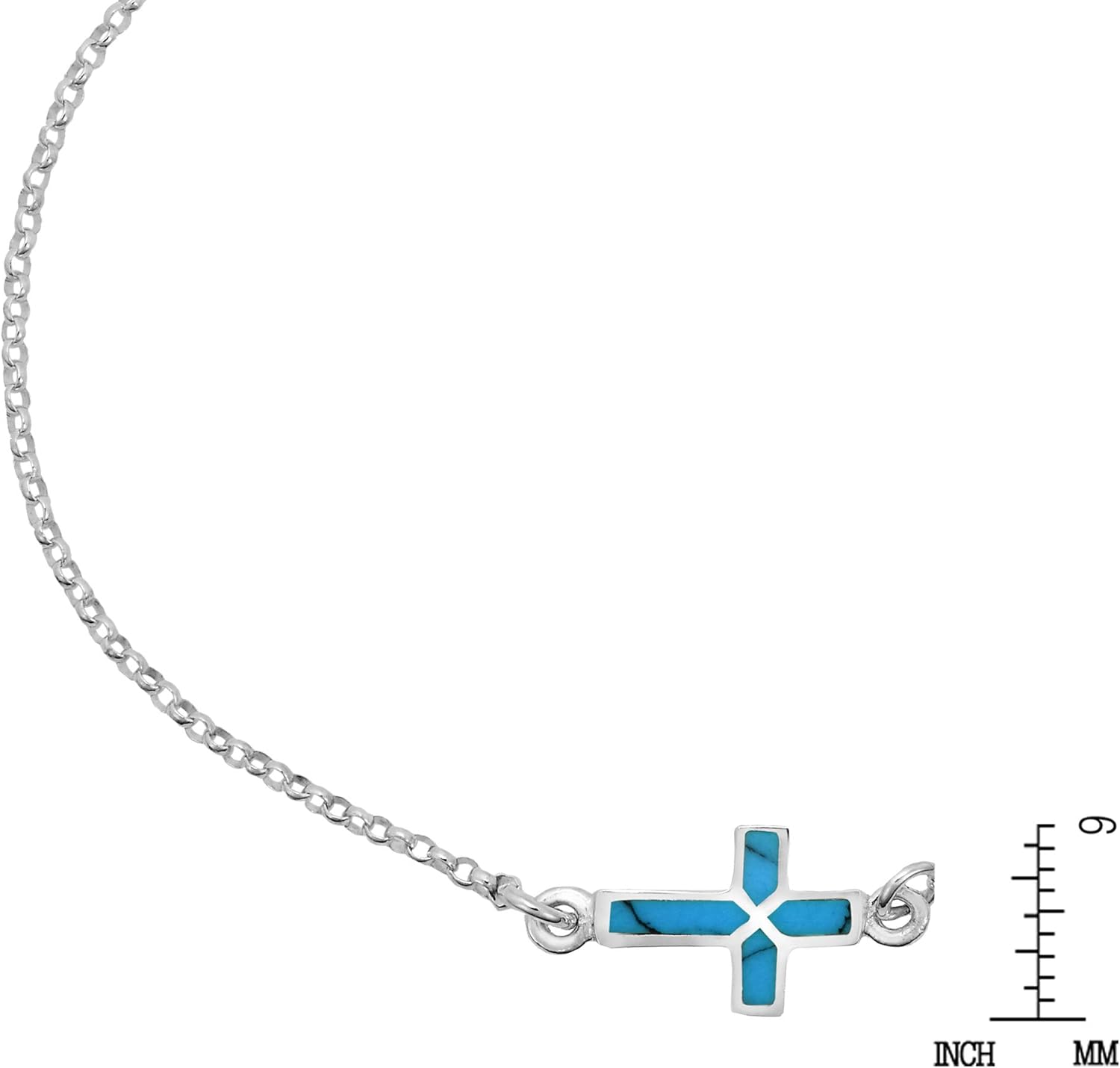 Charm Stylish Cross on a Chain with Simulated Turquoise Inlay .925 Sterling Silver Link Bracelet - Image 3