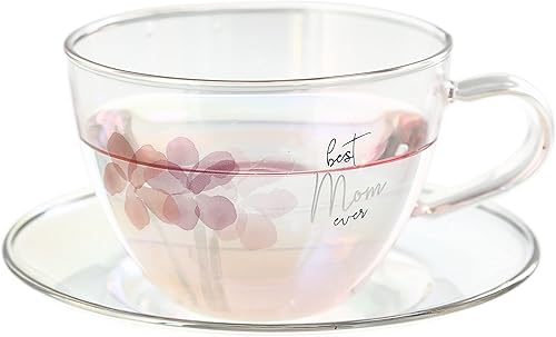 Pavilion Gift Company - Best Mom Ever - Juego de taza de té de vidrio de 7 onzas con platillo, taza de café iridiscente, taza de té con patrón