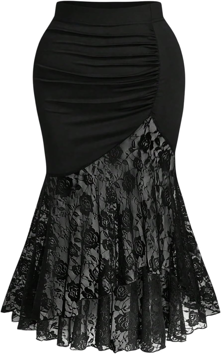 GORGLITTER Women's Plus Size Skirts Goth Renaissance Y2K Floral Mesh Ruched Fishtail Asymmetrical BodyconMaxi Skirts