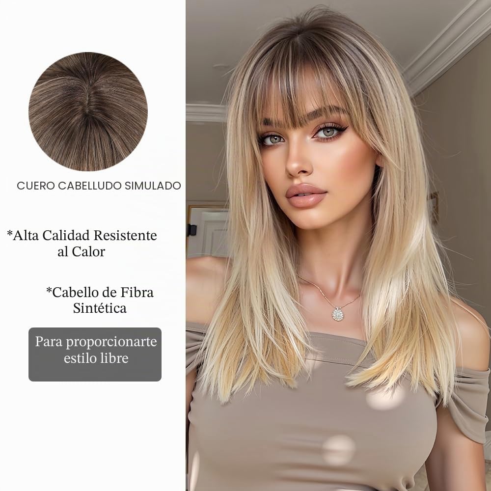 Ombre Rubio Pelucas para las mujeres de longitud media Peluca larga recta con flequillo pelo sintético resistente al calor Pelucas para todos los días del partido Cosplay Wear