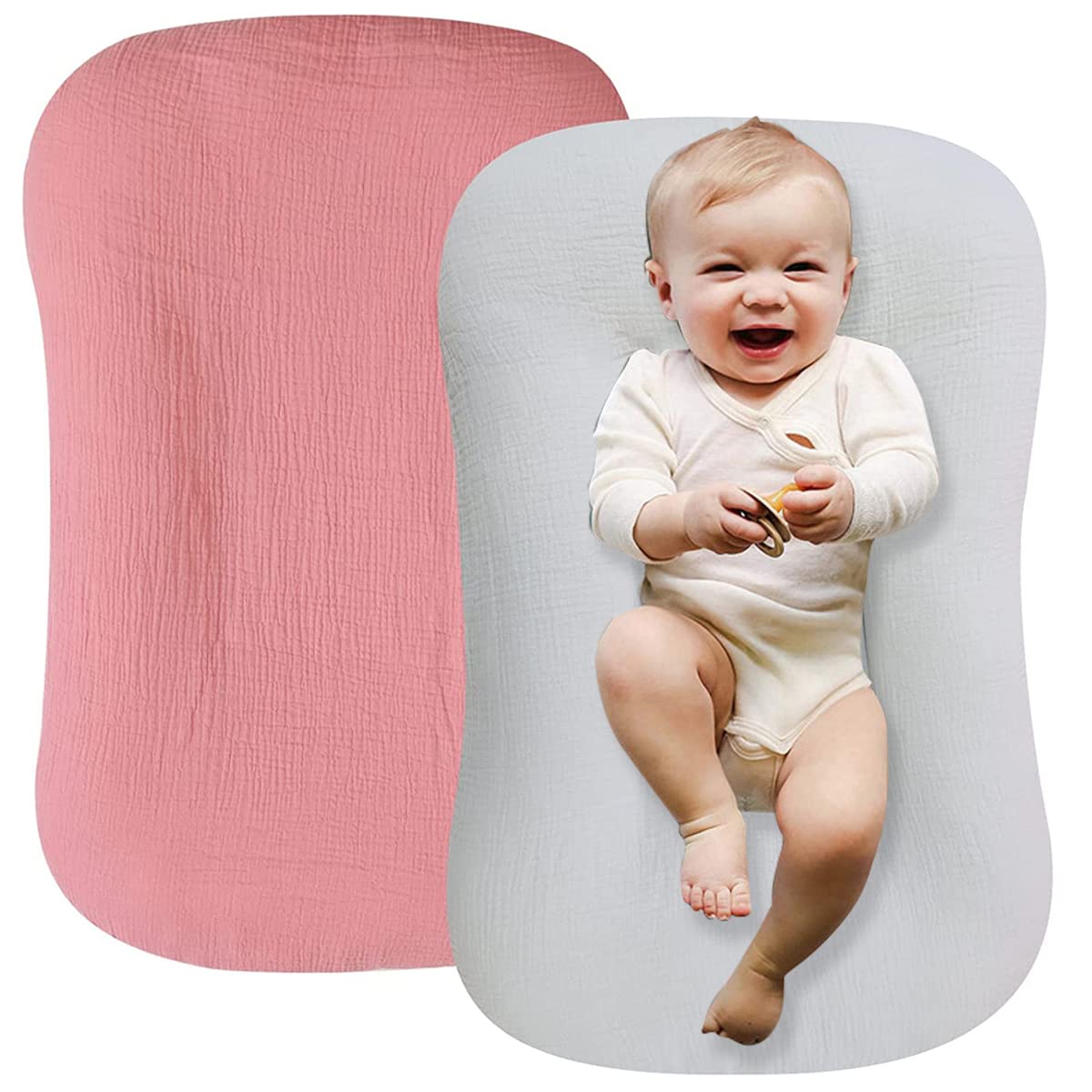 Muslin Baby Lounger Cover 2 Pack, Organic Cotton Removable Slipcover for Newborn,Baby Padded Lounger Infant Floor Seat Cover for Boys Girls
