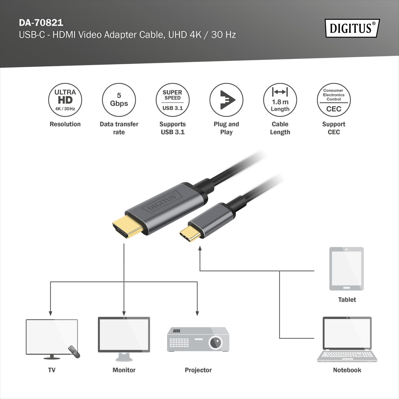 Digitus USB-C™ - HDMI® Video Adapter Cable, UHD 4K / 30 Hz