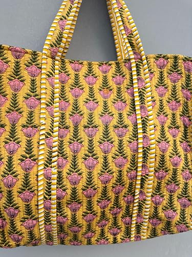 Image of Quilted Cotton Handprinted Reversible Large multicolor Floral Tote Bag,Hand Block Print Shopping Shoulder Carry Bag
