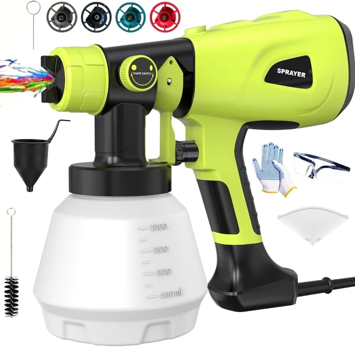 Paint Sprayer Tool 1000W High Power Electric Paint Spray Gun with Adjustable Spray Width Knob 4 Nozzles and 3 Patterns Simple to Clean for Lawn and Garden Furniture Home Interior House Painting Green