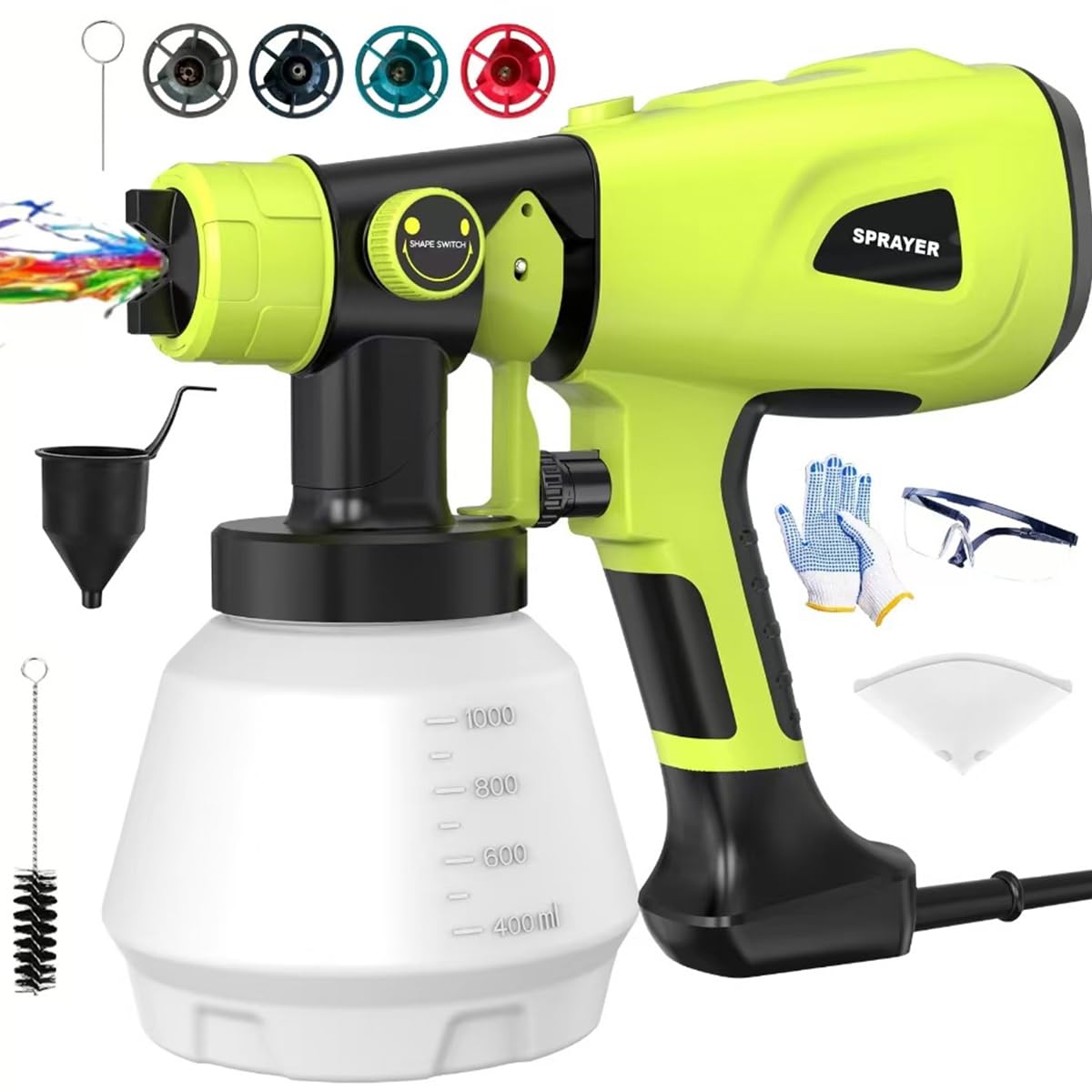 Paint Sprayer Tool 1000W High Power Electric Paint Spray Gun with Adjustable Spray Width Knob 4 Nozzles and 3 Patterns Simple to Clean for Lawn and Garden Furniture Home Interior House Painting Green