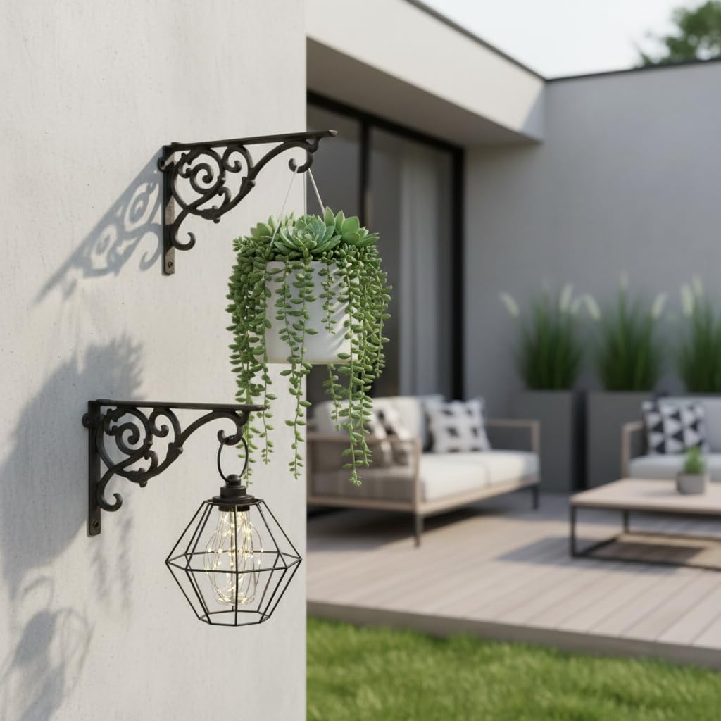 Comfy Hour 9.5" Decorative Cast Iron Plant Wall Hanger, Heavy Duty Wall Mount Bracket for Hanging Baskets, Bird Feeders, Lanterns and Wind Chimes, Vintage Scroll Design, Black (2)