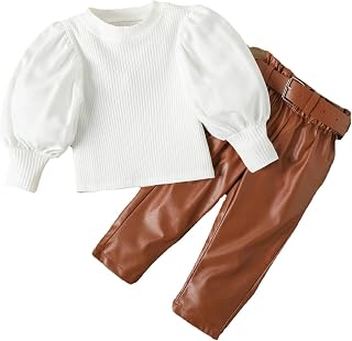 Toddler Girl Fall Winter Clothes Puff Sleeve Ribbed Tops+Leather Pants Set 2Pcs Little Girl Fashion Outfits