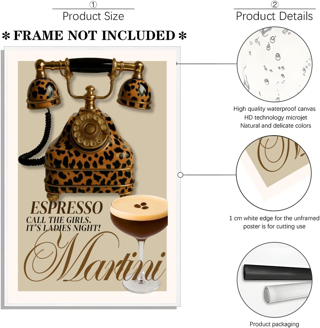 Luxury Leopard Wall Art Set of 6 Glam Cocktail Martini Glass Cheetah Woman Poster Vintage Heels Clock Newspaper Canvas Prints Aesthetic Wall Decor for Girly Bedroom Home 16x24inch Unframed