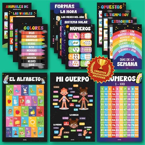 Image of EXCOOL CLUB 16 Spanish Classroom Posters For Elementary - Chalkboard Bilingual Educational Posters For Toddlers 1-3, Laminated Learning Poster Preschool Must Haves, Abecedario Para Niños En Español