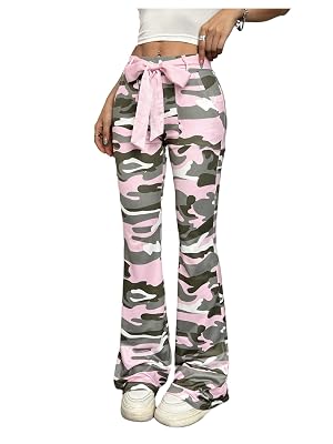 OYOANGLE Womens Bow Tie Camo Bootcut Flare Leggings with Pockets Y2K Slim Fit Casual Sweatpants Streetwear