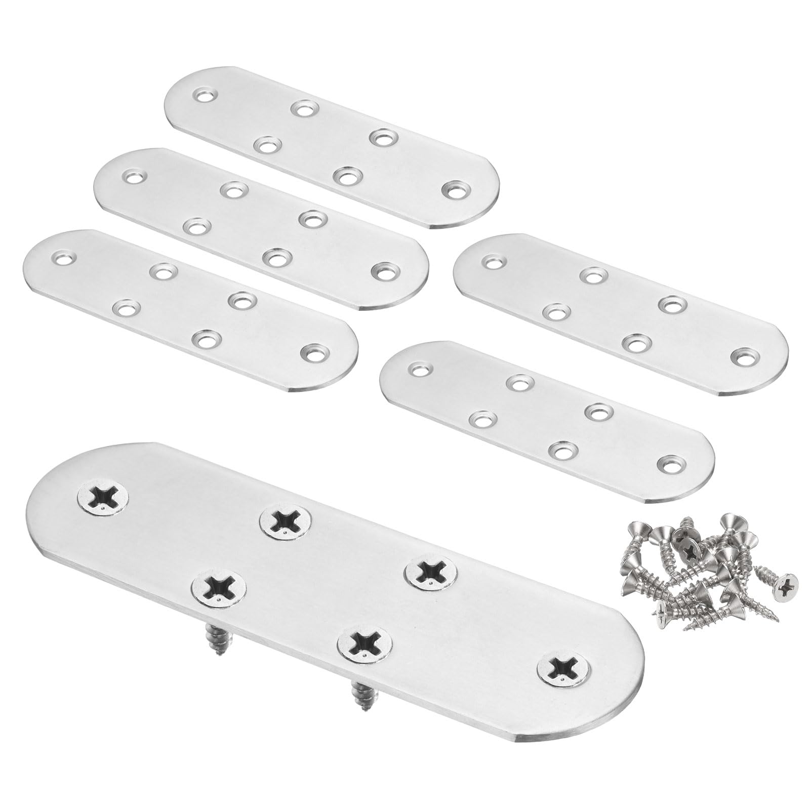sourcing map 6pcs Straight Bracket 4.9" x 1.5" Stainless Steel Flat Fixing Brackets Mending Plate Corner Brace Connector with 36 Screws for Wood Board Bed Frame Furniture Shelves, Silver