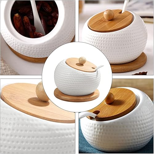 Miniatura 8 de LIFKOME Tarro de condimentos de porcelana para especias con tapas, soporte para tapas, juego de caja de condimentos de cerámica, cuchara de servir,