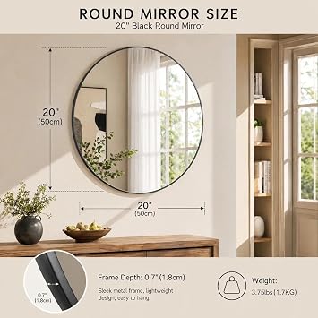 BEAUTYPEAK 20 Inch Round Mirror, Metal Frame Circle Mirror, Black