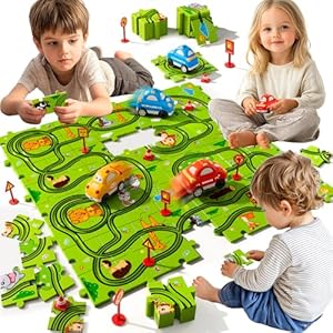 64PCS Puzzle Race Track Car Set for Kids Boys, Floor Puzzle Tracks Car Toys for Boys Girls Ages 3-5 4-6, Toddler Toys Gifts for 3 4 5 Year Old, Ideal 3 4 5 6 Year Old Birthday Gifts