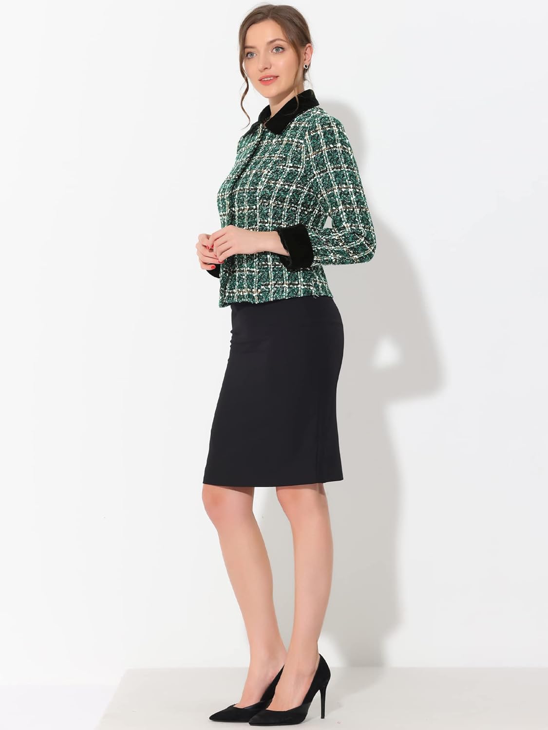 Allegra K Women's Winter Fall Tweed Cropped Suit Blazer Vintage Work Office Short Tweed Jacket Coat - Image 3