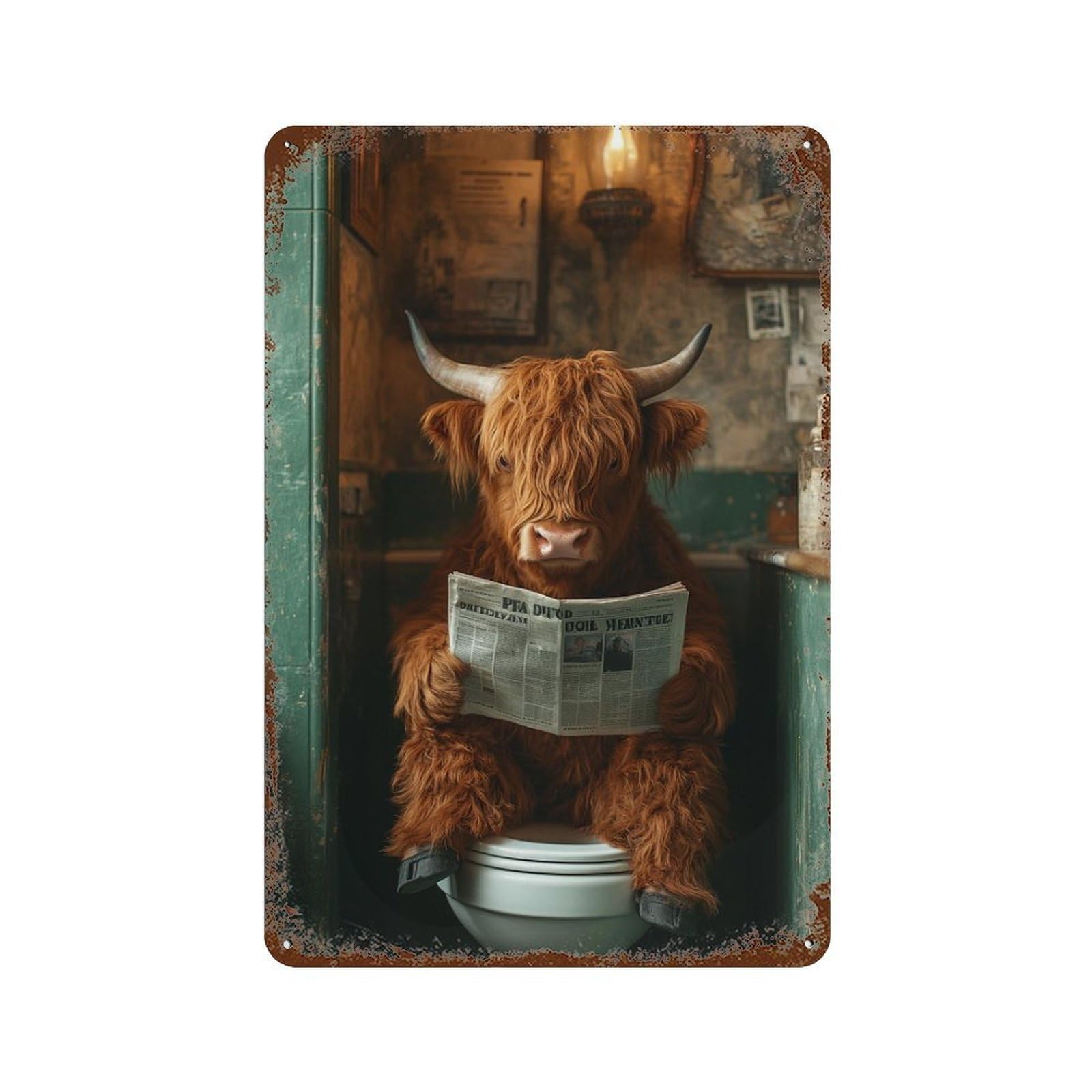 Cow Reading Newspaper in Bathroom Rustic Tin Plaque 11.8"x7.9", Industrial Home Decor for Pub, Kitchen And Man Cave Decor