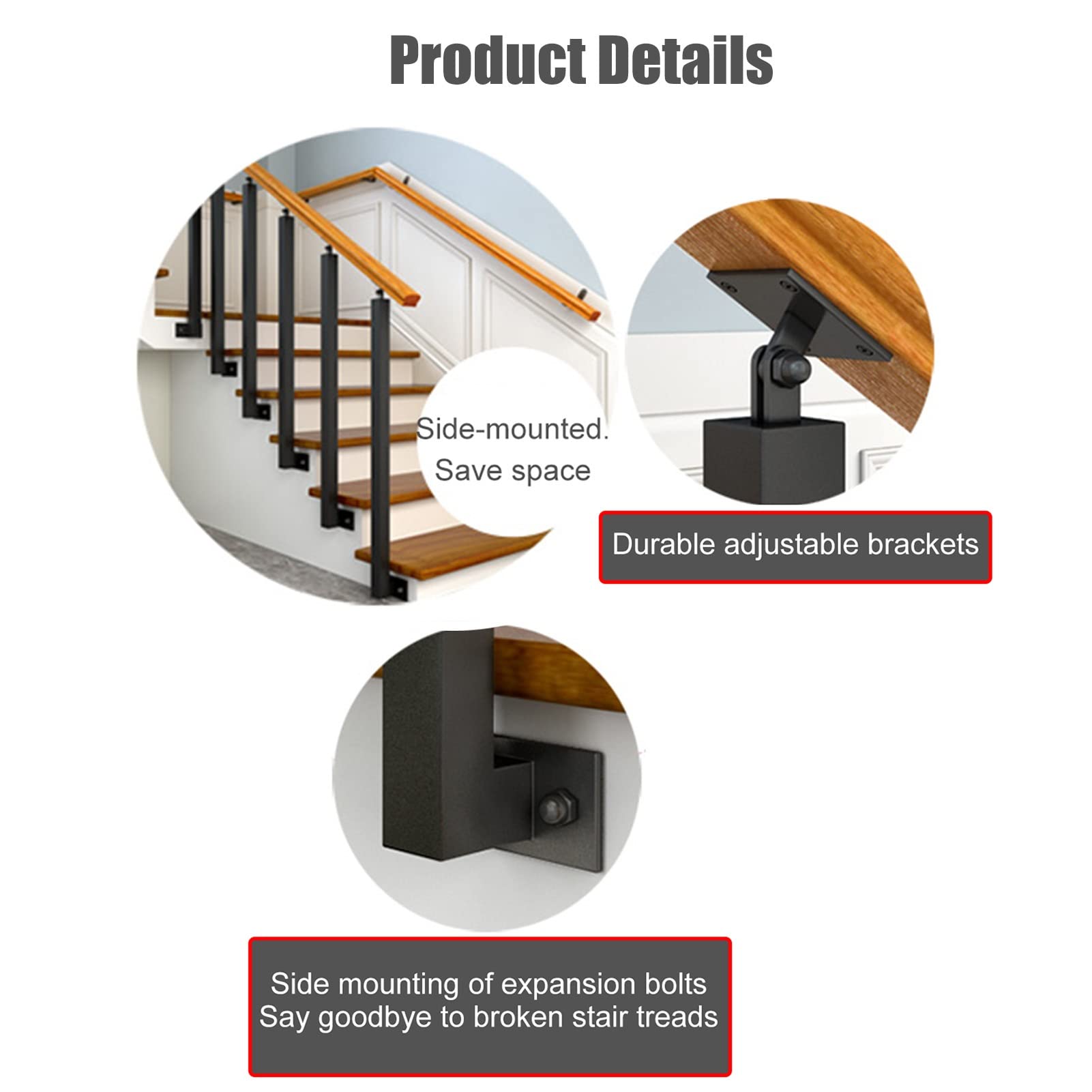 Poteau de Garde-Corps en métal avec kit d'installation pour escaliers réglables, Rampe à Fixation latérale, pour Balcon et Porche intérieurs et extérieurs, Lot de 2 (Hauteur 95 cm/