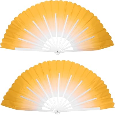 PATIKIL Folding Hand Silk Fan 24", 1 Pair Left Right Plastic Chinese Fan Dance Performance Sport, Yellow
