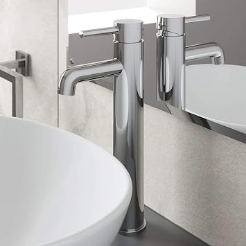 Boden Bathroom High Rise Tall Basin Sink Mixer Tap for Countertop Modern Mono Round Single Lever Handle Faucet for Sinks, Chrome