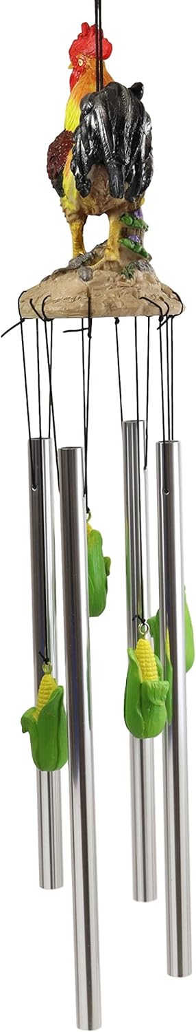 Ebros Gift Country Western Animal Farm Morning Crop Patrol Rooster Chicken Figurine Top Resonant Wind Chime with Miniature Corn Ears Ornaments for Garden Patio Rustic Farmland Cottage Home Accent