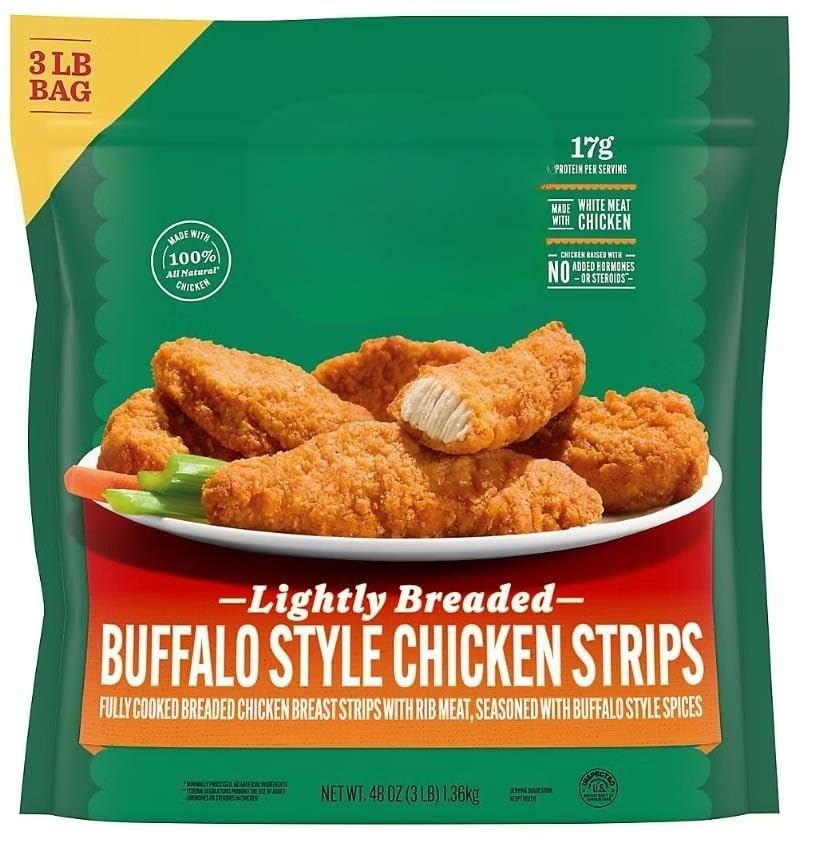 Buffalo Style Chicken Strips. Bite into fully cooked breaded chicken breast with rib meat. , and already in strips. lightly breaded Buffalo style is made with 100% all natural* chicken with no added hormones or steroids.** With 17 grams of protein per serving, Are a great way to add protein to your dishes. [ 48 oz , 3 lb ]