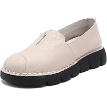 Womens Genuine Leather Loafers - Comfort Platform Shoes with Chunky Sole, Round Toe Slip-On Walking Flats for Casual Office Travel
