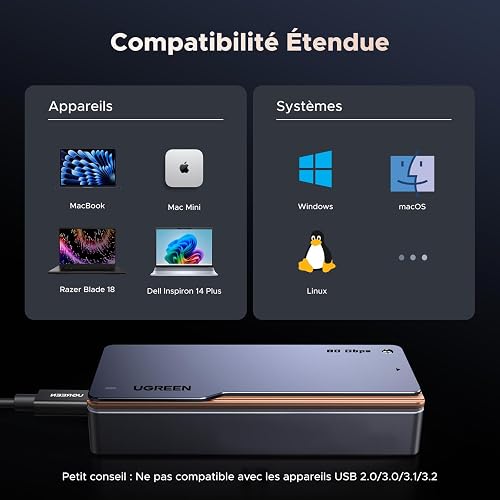 UGREEN 80 Gbps Boîtier M2 SSD NVMe Compatible avec Thunderbolt 5 4 et USB 4 - 8