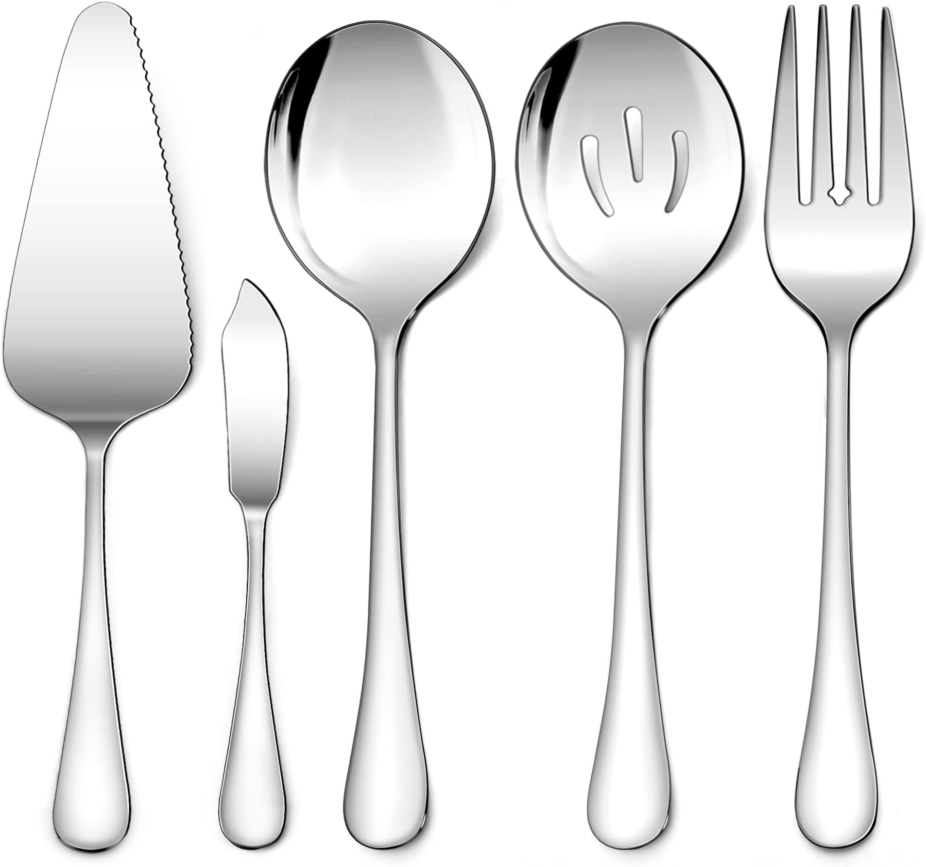 5-Piece Stainless Steel Serving Utensils Set Include Serving Spoon Fork, Flatware Serving Pieces for Buffet Catering, Mirror Finish, Dishwasher Safe