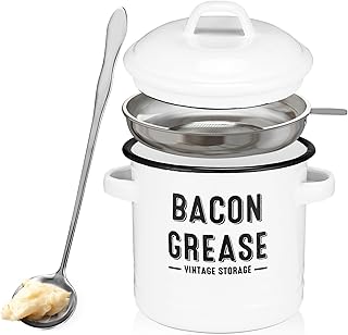 Bacon Grease Container with Strainer - Large 46OZ Kitchen Oil Storage Can, Food Saver Bin with Lid | Farmhouse Cooking Pot Keeper Collector, Dishwasher Safe-White
