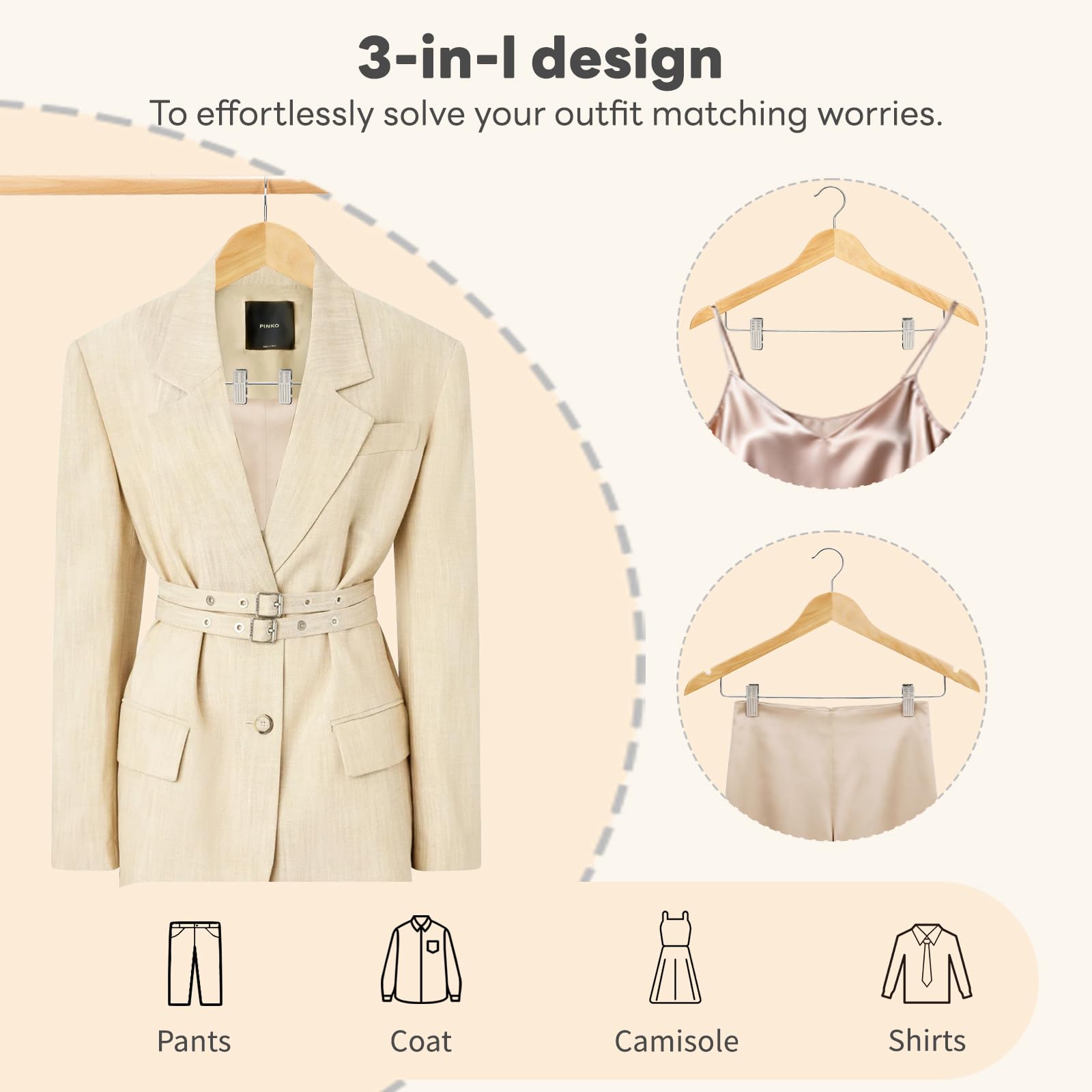 HOUSE DAY Grucce in legno con clip, confezione da 24, grucce in legno massello per pantaloni, finitura liscia naturale, con clip in metallo resistente, per camicetta, vestiti, cappotti, giacche