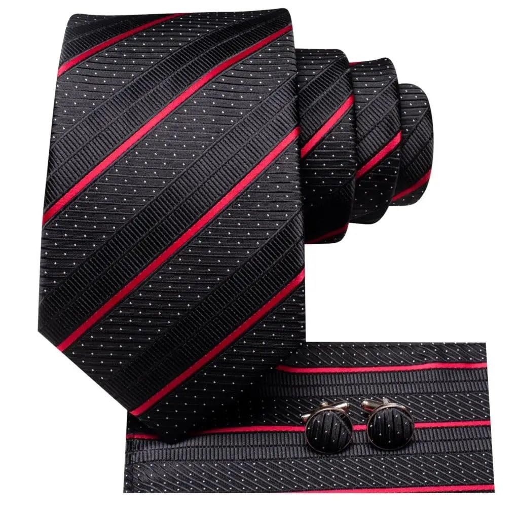 JFDBGU Black Red Stripe Silk Wedding Tie for Men Hand Cufflinks Gift Men Tie Fashion Business Party
