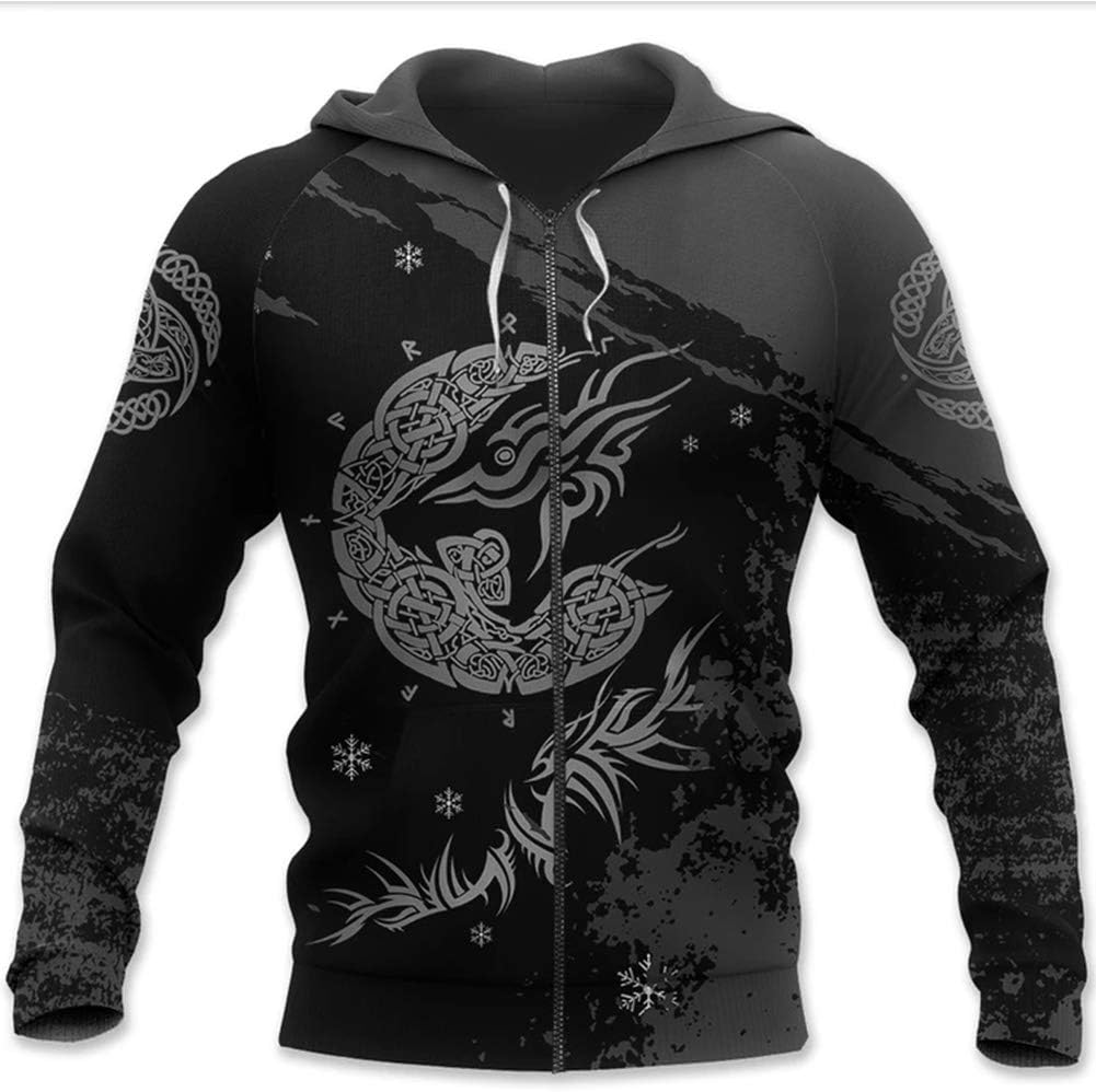 Viking Hoodie, Norse Mythology Tyr's Fenrir Runes 3D Novelty Print Full Zip Big Pockets Sweatshirt, Unisex Street Harajuku Vintage Cool Outdoor Jacket,Black,S