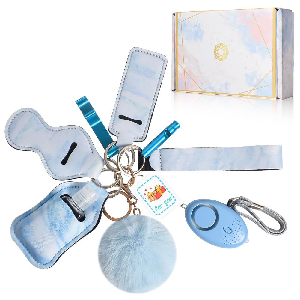 EIOUMAXSafety Keychain Set,Emergency Whistle,Pompom Keychain,Gift for Men and Women(Blue)