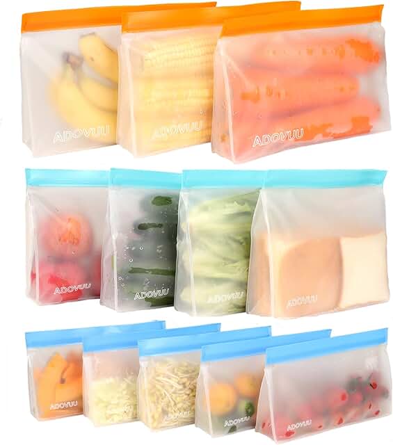 Reusable Food Storage Bags Stand Up, 12 Pack BPA Free Freezer Bags (3 Large Reusable Gallon bags+4 Leak-proof Reusable San...