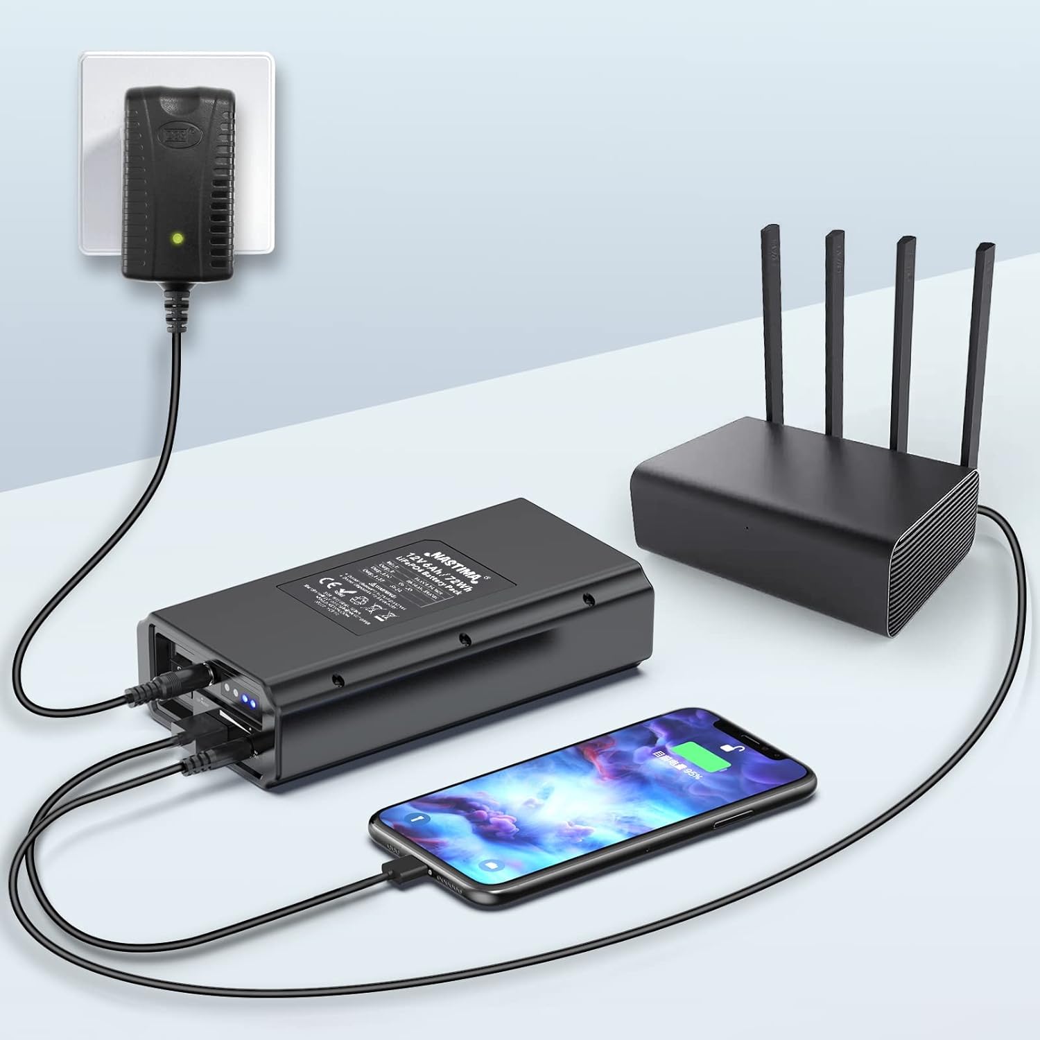 NASTIMA 12V 6000mAh LiFePO4 Power Bank charging a router and a mobile phone simultaneously.