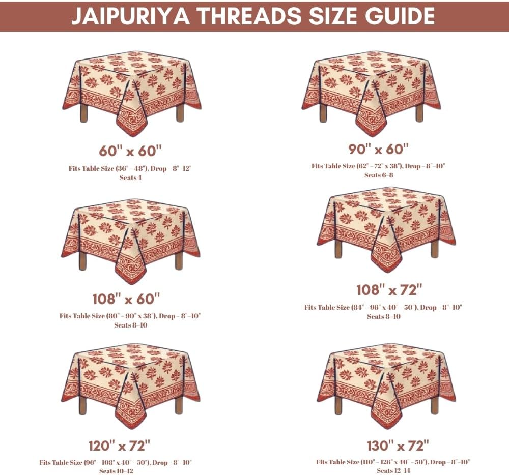 Handblock Print Cotton Tablecloth – 72x108 Rectangular Table Cover Seats 6–8 – Indian Block Printed Floral Dining Table Linen – Boho Washable Cloth for Kitchen, Party, Outdoor, Red