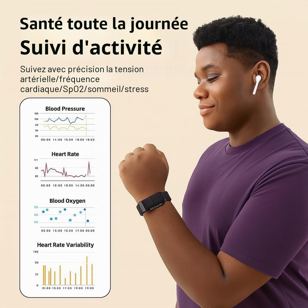 Bracelet Connecté Homme Femme – Fitness Tracker Intelligente avec GPS Intégré, Moniteur Cardiaque, Autonomie +1 Mois, SpO₂, Podomètre, Suivi Sommeil, Notifications WhatsApp, Étanche, avec 2 Br