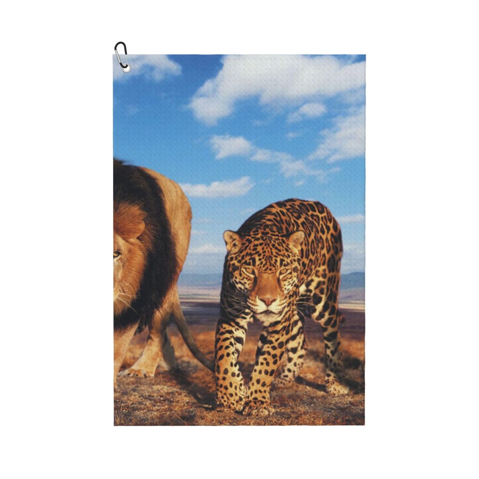 Hnnkloy Lion Leopard And Tiger Fight For Food Printed, 16x24 in Portable Waffle Golf Towels with Carabiner Clip for Golf Bag