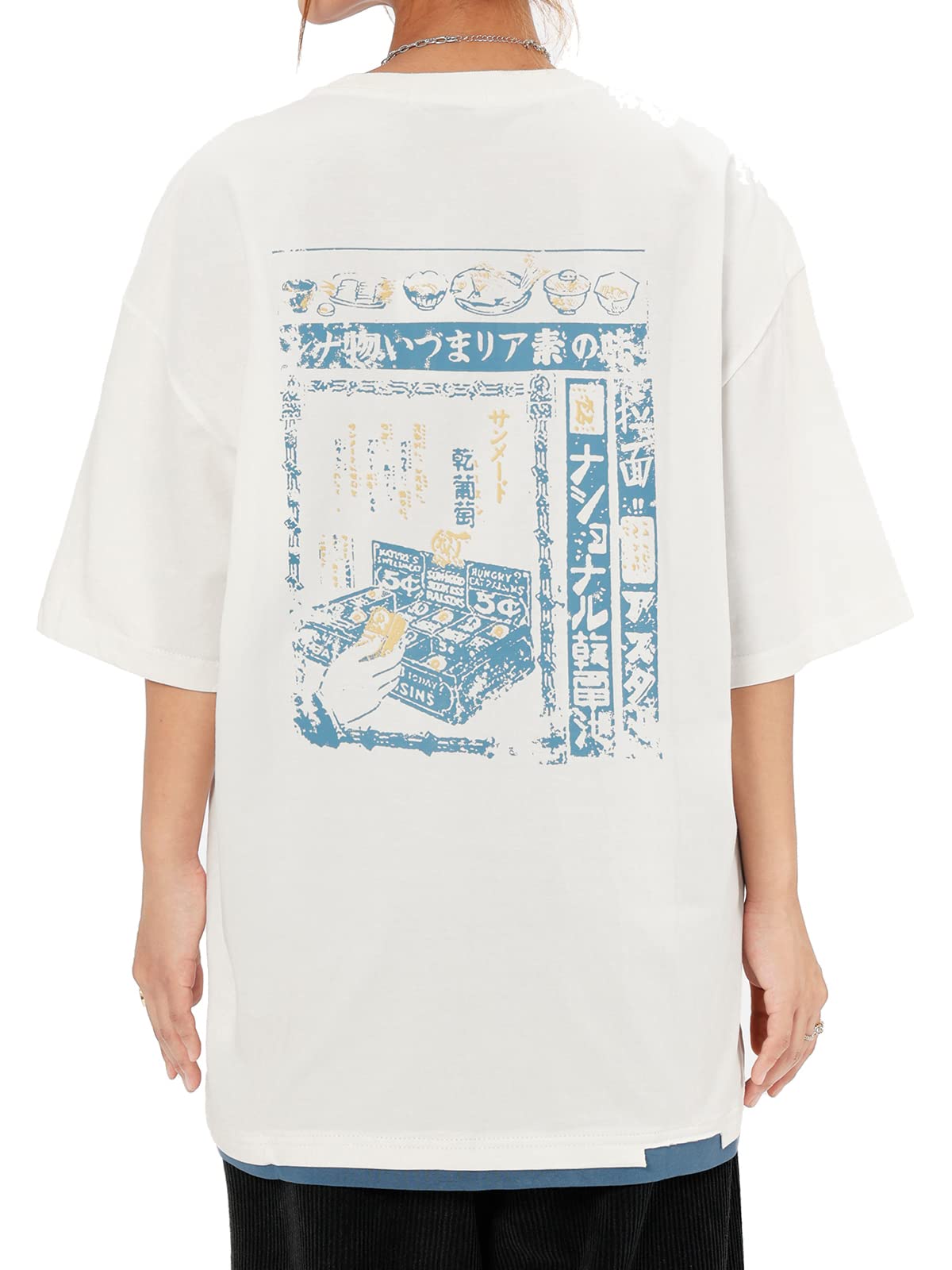 Aelfric EdenMen’s Japanese Casual Short Sleeves Oversized Graphic Print Shirts Unisex Vintage Tee White